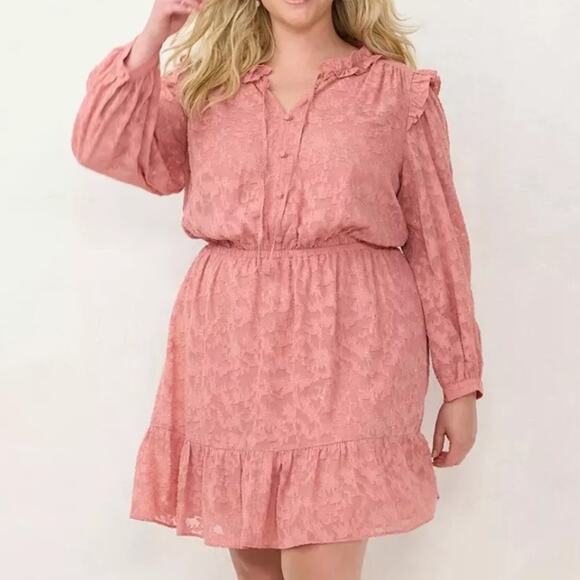 LC Lauren Conrad Dresses & Skirts - NWT Lauren Conrad Size 3X Pink Floral Chiffon Ruffle Burnout Dress Long Sleeve